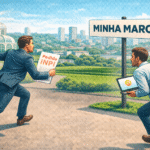 Dois empreendedores correndo para registrar marca no INPI com Jardim Botânico de Curitiba ao fundo representando escritório de advocacia em propriedade intelectual e patentes