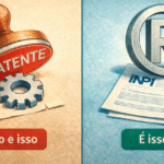 Ilustração comparativa entre carimbo de patente com engrenagem e símbolo de marca registrada com documento do INPI mostrando como patentear uma marca corretamente