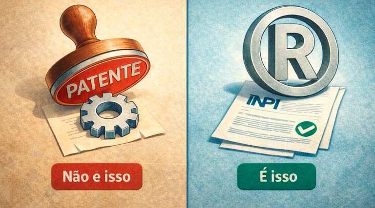 Ilustração comparativa entre carimbo de patente com engrenagem e símbolo de marca registrada com documento do INPI mostrando como patentear uma marca corretamente