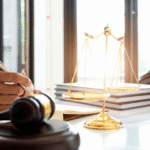 Mesa de escritório jurídico com balança da justiça, martelo e mãos em reunião