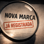 Lupa ampliando documento com os dizeres Nova Marca Já Registrada em carimbo vermelho sobre papel envelhecido em fundo escuro, ilustrando como saber se uma marca está registrada no INPI em 2026 pela busca de anterioridade