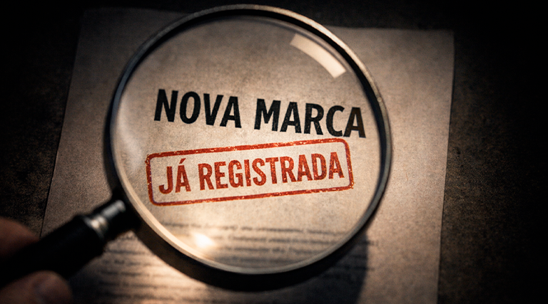 Lupa ampliando documento com os dizeres Nova Marca Já Registrada em carimbo vermelho sobre papel envelhecido em fundo escuro, ilustrando como saber se uma marca está registrada no INPI em 2026 pela busca de anterioridade