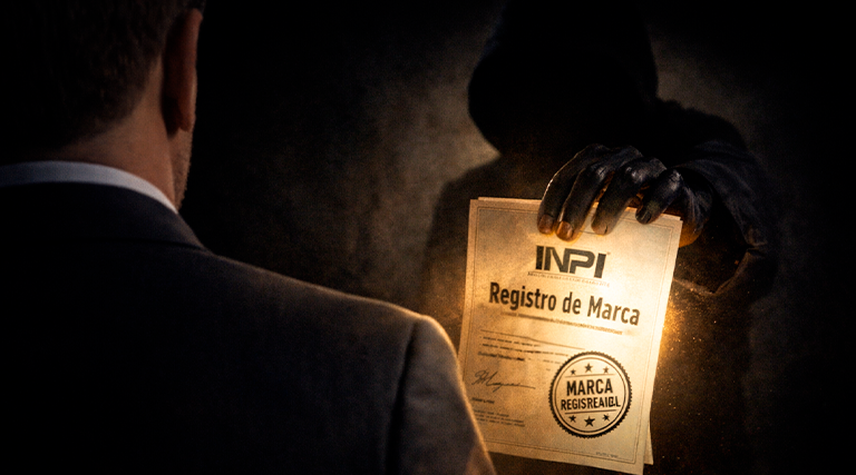 Homem de terno observando figura sombria segurando certificado do INPI de registro de marca com carimbo de marca registrada em ambiente dramático escuro, ilustrando a atuação de advogado de propriedade intelectual em Curitiba no registro de marcas e patentes